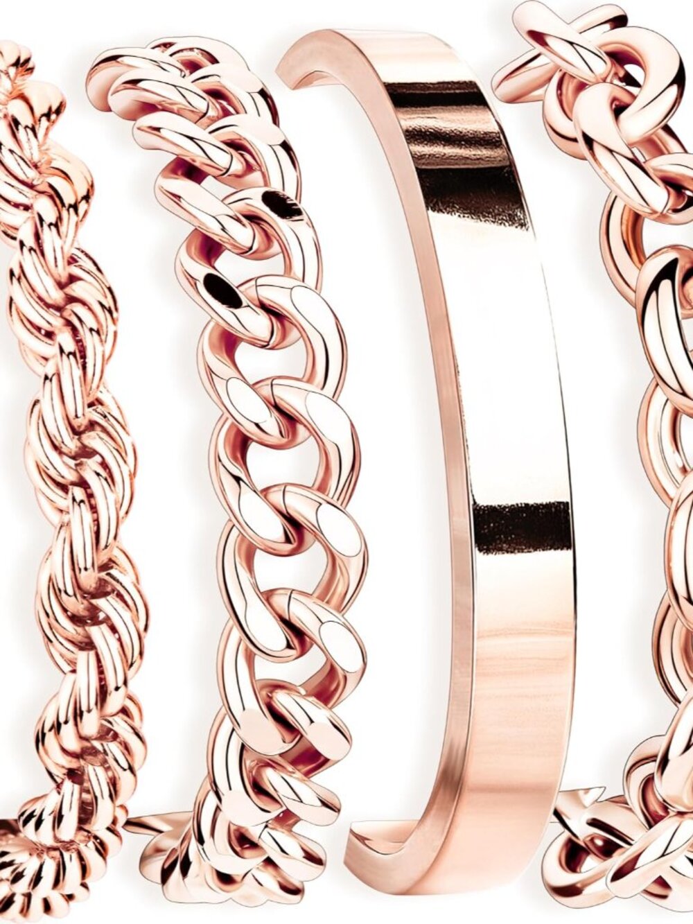 4-Piece Chunky Rose Gold Bracelet Set - Adjustable, Non-Tarnish Fashion Jewelry